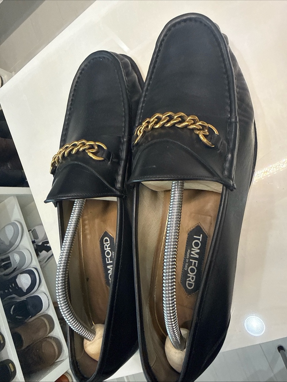 Tom Ford York Black Leather Loafers with Gold Chain Accent $1300